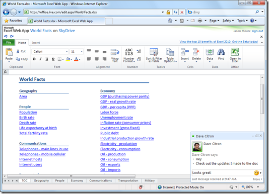 Chatting in Messenger on the web while editing an Excel workbook using Office Web Apps