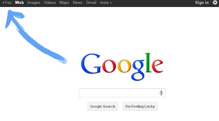 在Google首頁，標出一個箭頭，指向Google+