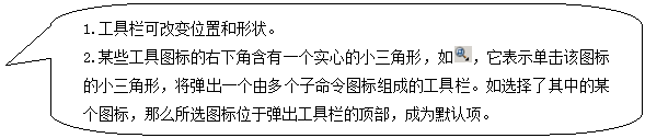 圓角矩形標(biāo)注: 1.工具欄可改變位置和形狀。 2.某些工具圖標(biāo)的右下角含有一個實心的小三角形，如 ，它表示單擊該圖標(biāo)的小三角形，將彈出一個由多個子命令圖標(biāo)組成的工具欄。如選擇了其中的某個圖標(biāo)，那么所選圖標(biāo)位于彈出工具欄的頂部，成為默認(rèn)項。 