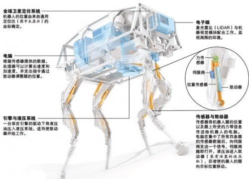 一種名叫“大狗”(BigDog)的四足機(jī)器人可以應(yīng)付普通輪式或履帶車輛難以通行的路況